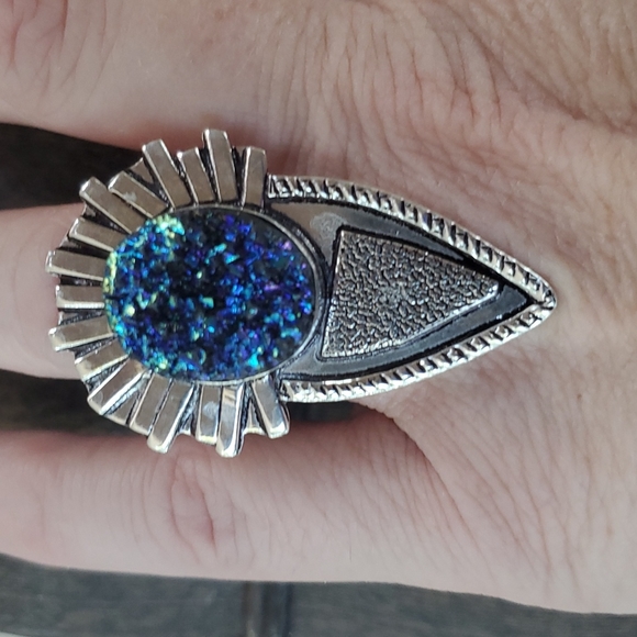 New Unique Oversized Blue Titanium Druzy 925 Silver Statement Ring. - Picture 8 of 16